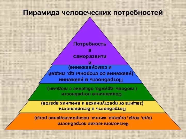Пирамида человеческих потребностей Физиологические потребности (еда, вода, одежда, жилье, воспроизведение рода)