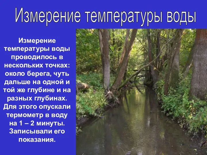 Измерение температуры воды проводилось в нескольких точках: около берега, чуть дальше