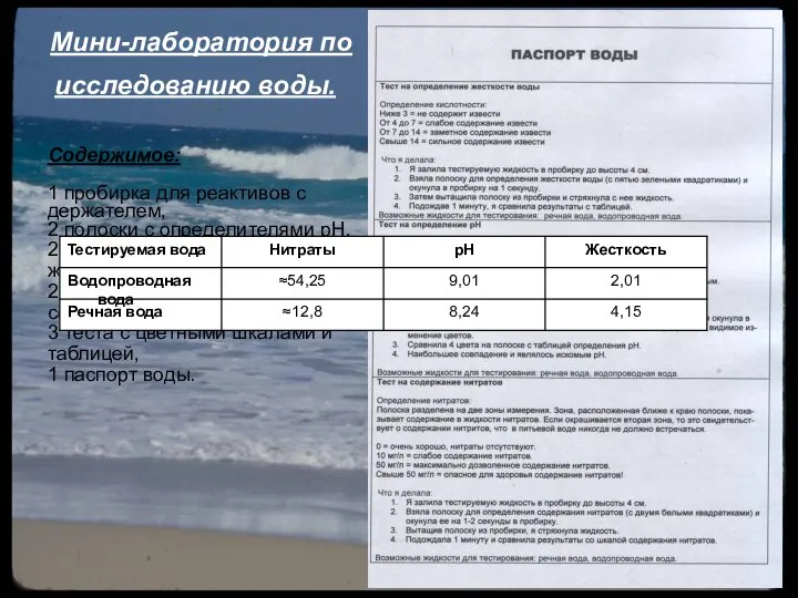 Мини-лаборатория по исследованию воды. Содержимое: 1 пробирка для реактивов с держателем,