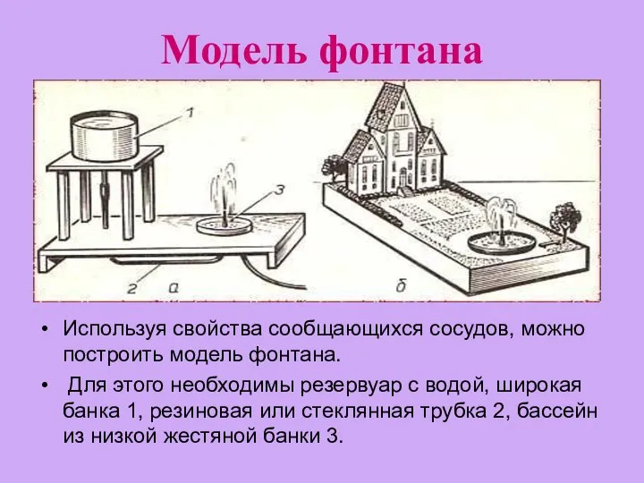 Модель фонтана Используя свойства сообщающихся сосудов, можно построить модель фонтана. Для