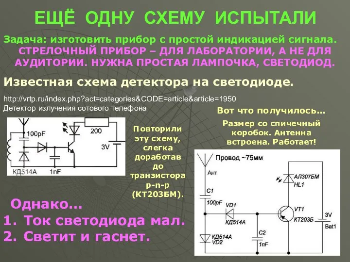 ЕЩЁ ОДНУ СХЕМУ ИСПЫТАЛИ Задача: изготовить прибор с простой индикацией сигнала.