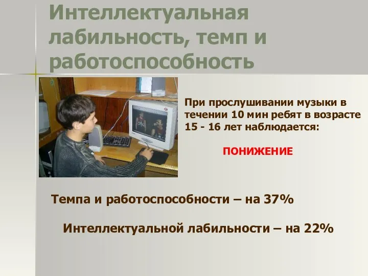 Интеллектуальная лабильность, темп и работоспособность При прослушивании музыки в течении 10