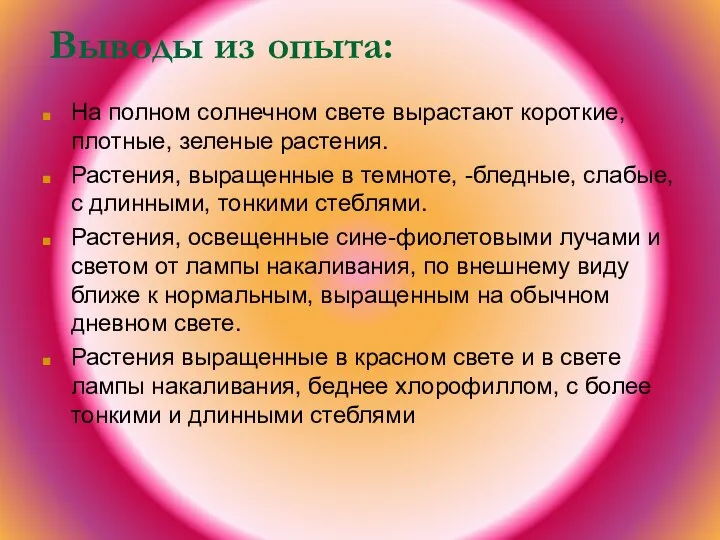 Выводы из опыта: На полном солнечном свете вырастают короткие, плотные, зеленые