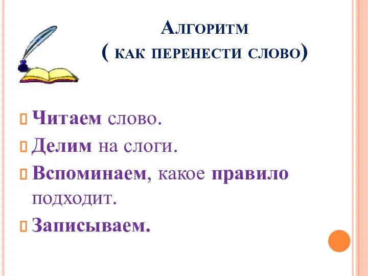 Алгоритм ( как перенести слово) Читаем слово. Делим на слоги. Вспоминаем, какое правило подходит. Записываем.