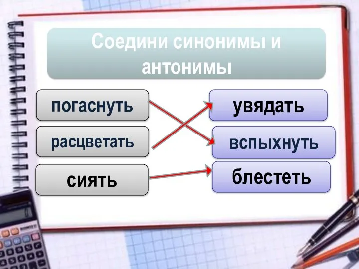 Соедини синонимы и антонимы погаснуть увядать расцветать вспыхнуть сиять блестеть