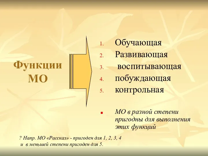 Функции МО Обучающая Развивающая воспитывающая побуждающая контрольная МО в разной степени