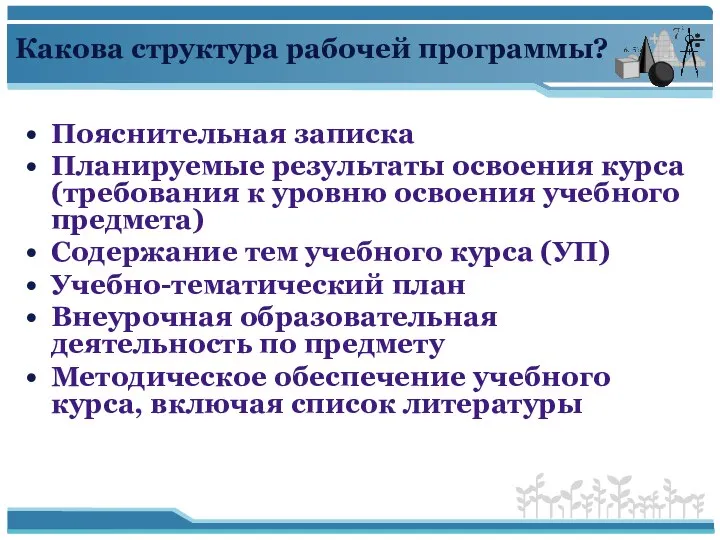 Какова структура рабочей программы? Пояснительная записка Планируемые результаты освоения курса (требования