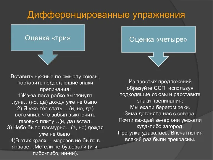 Дифференцированные упражнения Оценка «три» Вставить нужные по смыслу союзы, поставить недостающие