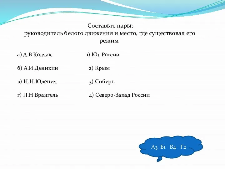 Составьте пары: руководитель белого движения и место, где существовал его режим