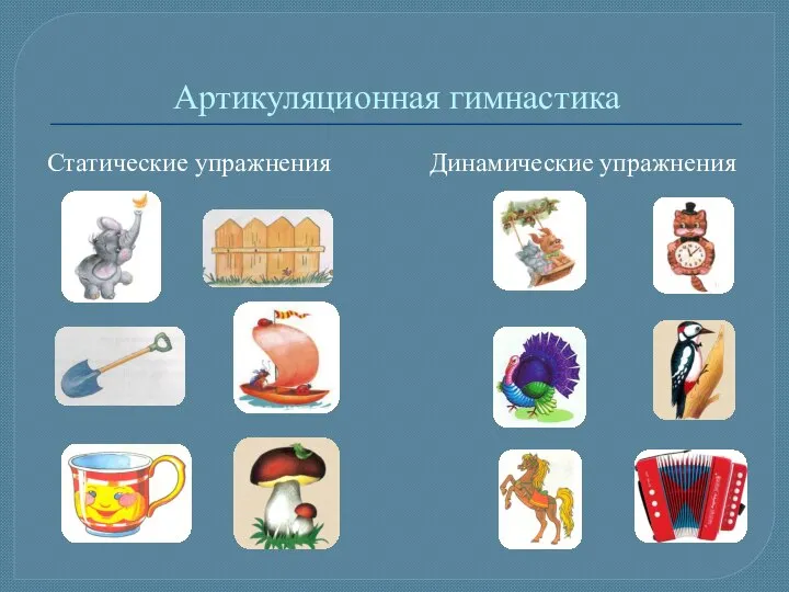 Артикуляционная гимнастика Статические упражнения Динамические упражнения