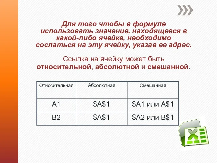 Для того чтобы в формуле использовать значение, находящееся в какой-либо ячейке,