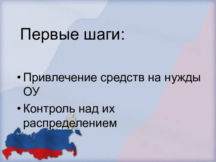 Первые шаги: Привлечение средств на нужды ОУ Контроль над их распределением