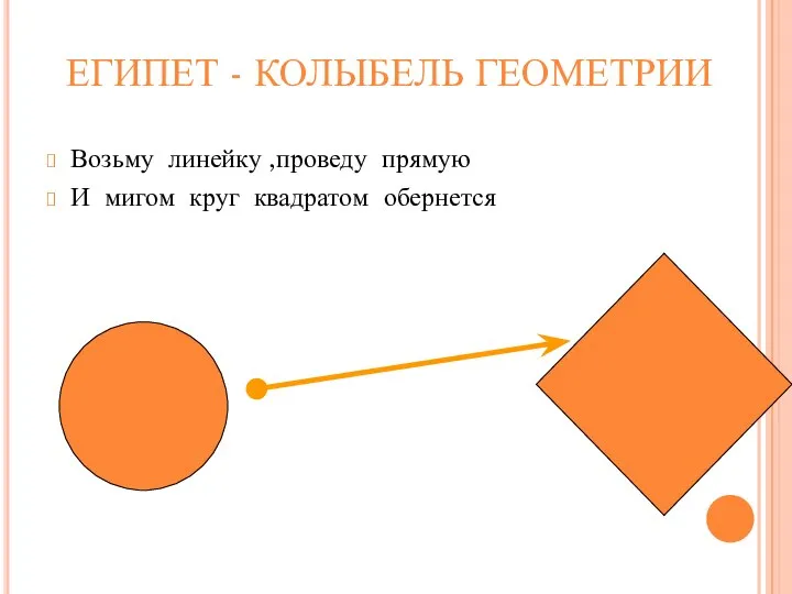 ЕГИПЕТ - КОЛЫБЕЛЬ ГЕОМЕТРИИ Возьму линейку ,проведу прямую И мигом круг квадратом обернется