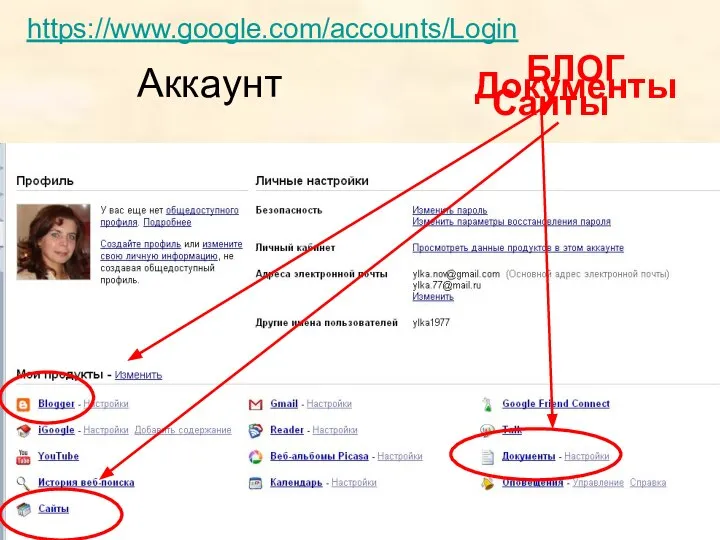 Аккаунт БЛОГ Документы Сайты https://www.google.com/accounts/Login