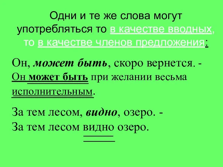 Одни и те же слова могут употребляться то в качестве вводных,