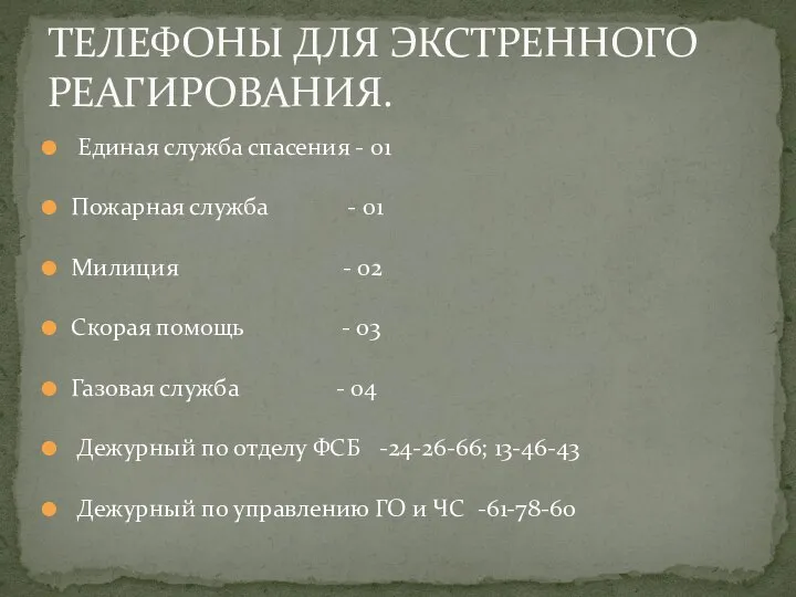 Единая служба спасения - 01 Пожарная служба - 01 Милиция -