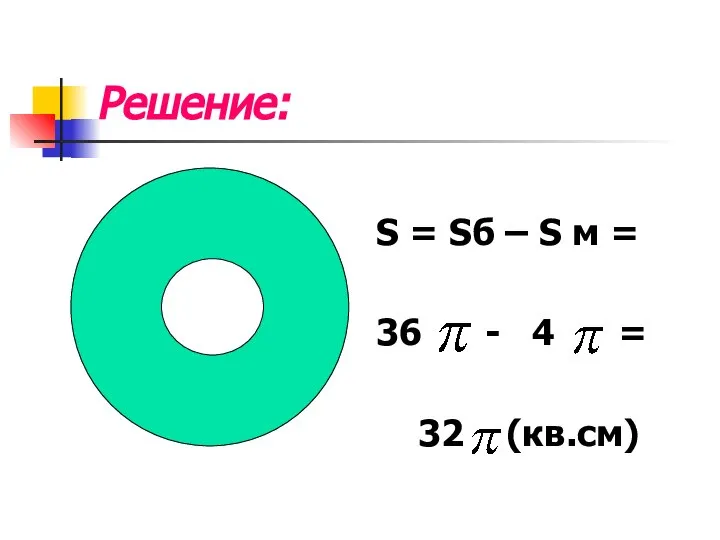 Решение: S = Sб – S м = 36 - 4 = 32 (кв.см)