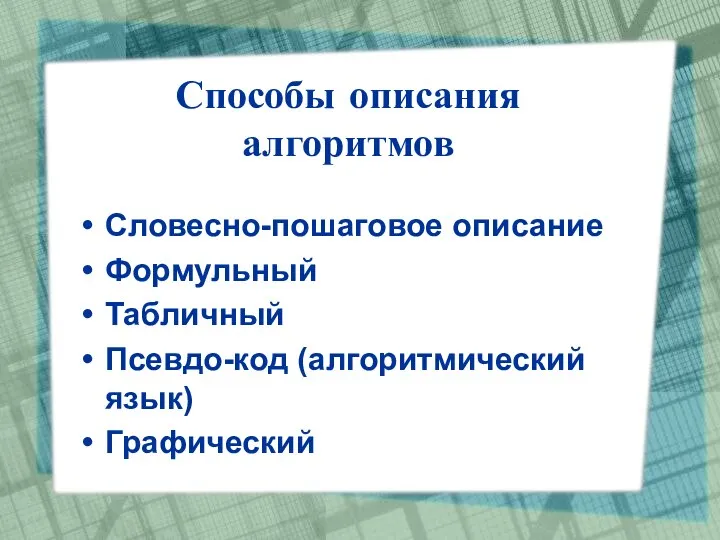 Способы описания алгоритмов Словесно-пошаговое описание Формульный Табличный Псевдо-код (алгоритмический язык) Графический