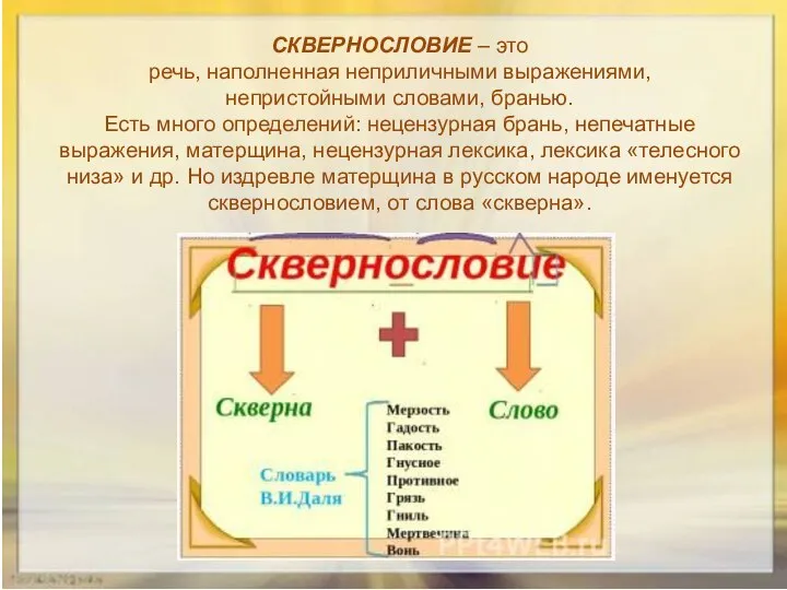 СКВЕРНОСЛОВИЕ – это речь, наполненная неприличными выражениями, непристойными словами, бранью. Есть