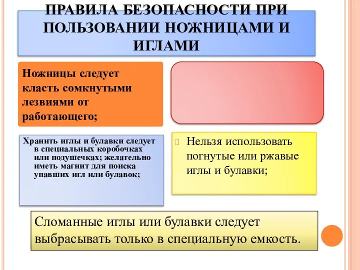 ПРАВИЛА БЕЗОПАСНОСТИ ПРИ ПОЛЬЗОВАНИИ НОЖНИЦАМИ И ИГЛАМИ Хранить иглы и булавки