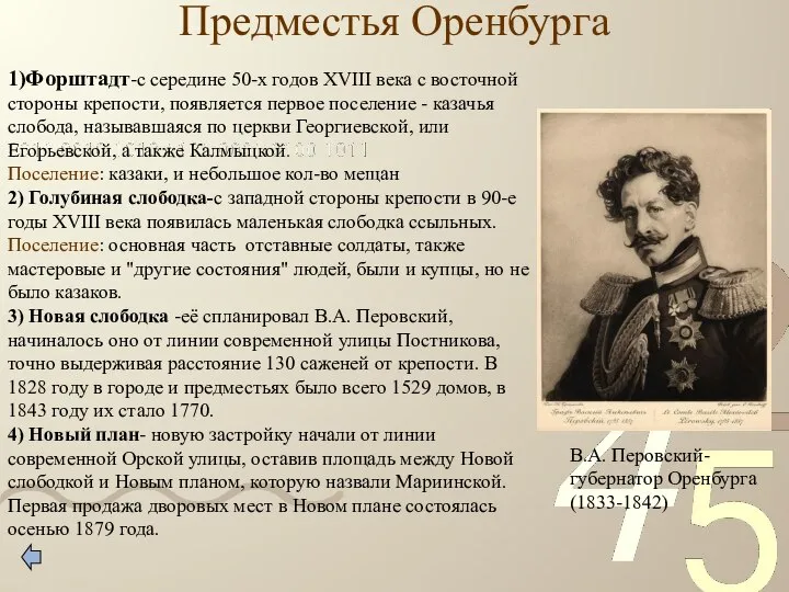 Предместья Оренбурга 1)Форштадт-с середине 50-х годов XVIII века с восточной стороны