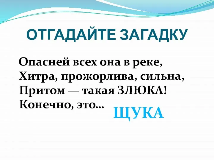 ОТГАДАЙТЕ ЗАГАДКУ Опасней всех она в реке, Хитра, прожорлива, сильна, Притом