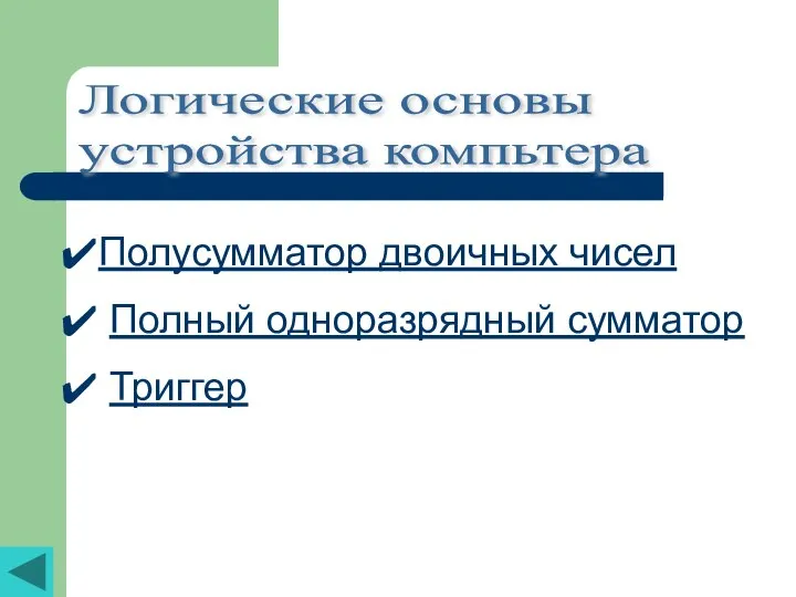 Логические основы устройства компьтера Полусумматор двоичных чисел Полный одноразрядный сумматор Триггер