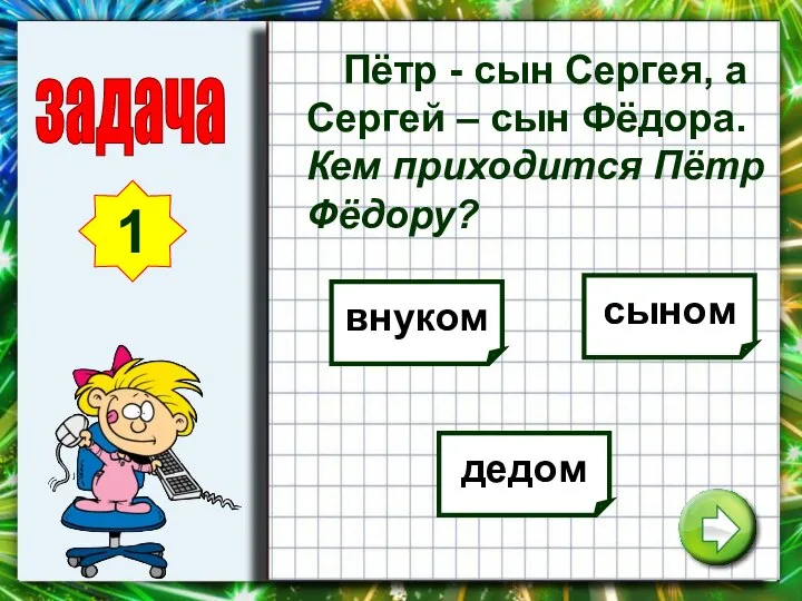 Пётр - сын Сергея, а Сергей – сын Фёдора. Кем приходится