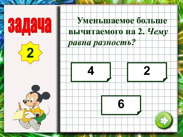 задача 2 4 2 6 Уменьшаемое больше вычитаемого на 2. Чему равна разность?