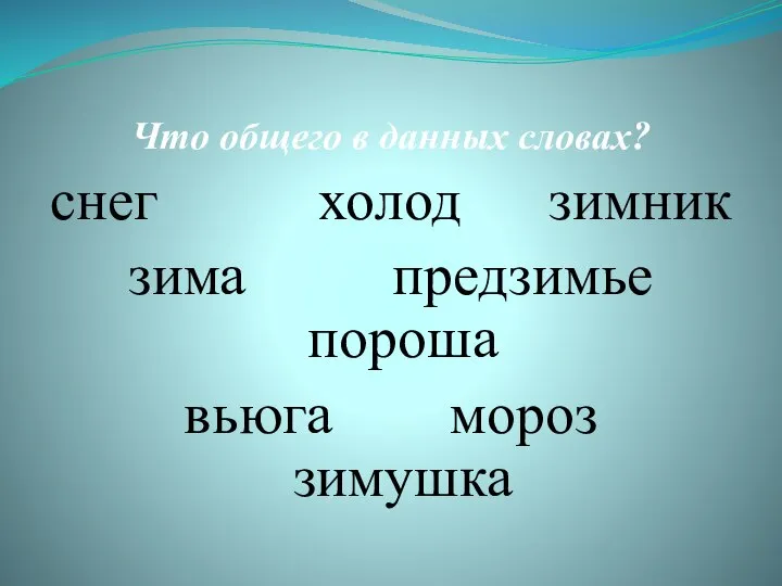 Что общего в данных словах? снег холод зимник зима предзимье пороша вьюга мороз зимушка