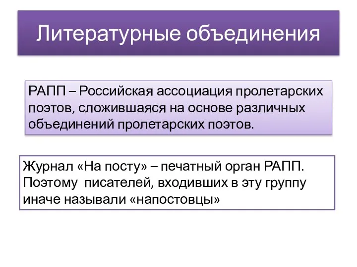 Литературные объединения РАПП – Российская ассоциация пролетарских поэтов, сложившаяся на основе