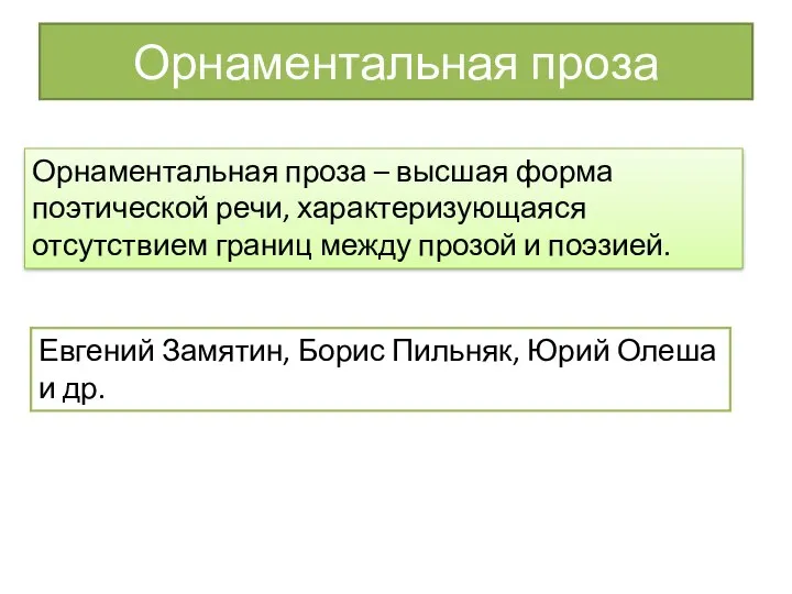 Орнаментальная проза Орнаментальная проза – высшая форма поэтической речи, характеризующаяся отсутствием