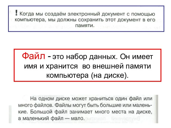 Файл - это набор данных. Он имеет имя и хранится во внешней памяти компьютера (на диске).