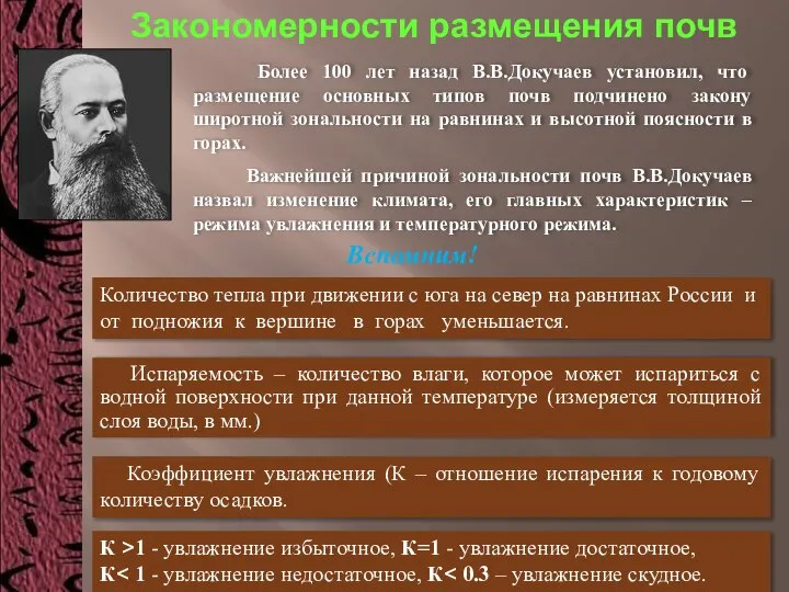 Закономерности размещения почв Более 100 лет назад В.В.Докучаев установил, что размещение