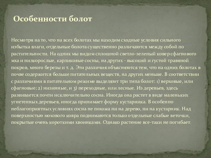 Особенности болот Несмотря на то, что на всех болотах мы находим