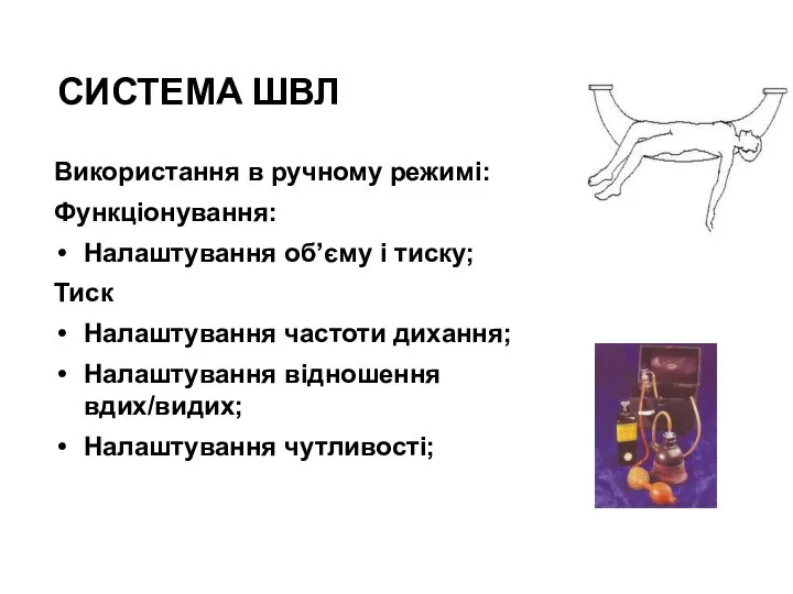 СИСТЕМА ШВЛ Використання в ручному режимі: Функціонування: Налаштування об’єму і тиску;