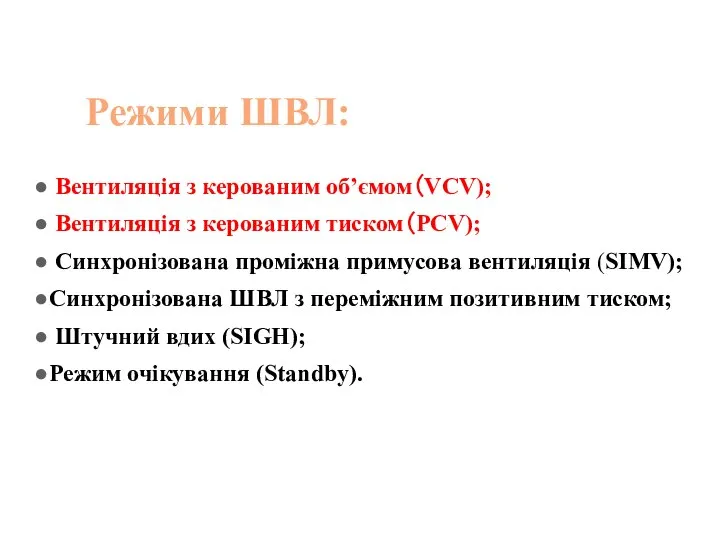 Режими ШВЛ: Вентиляція з керованим об’ємом（VCV); Вентиляція з керованим тиском（PCV); Синхронізована