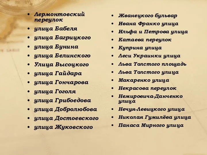 Лермонтовский переулок улица Бабеля улица Багрицкого улица Бунина улица Белинского Улица