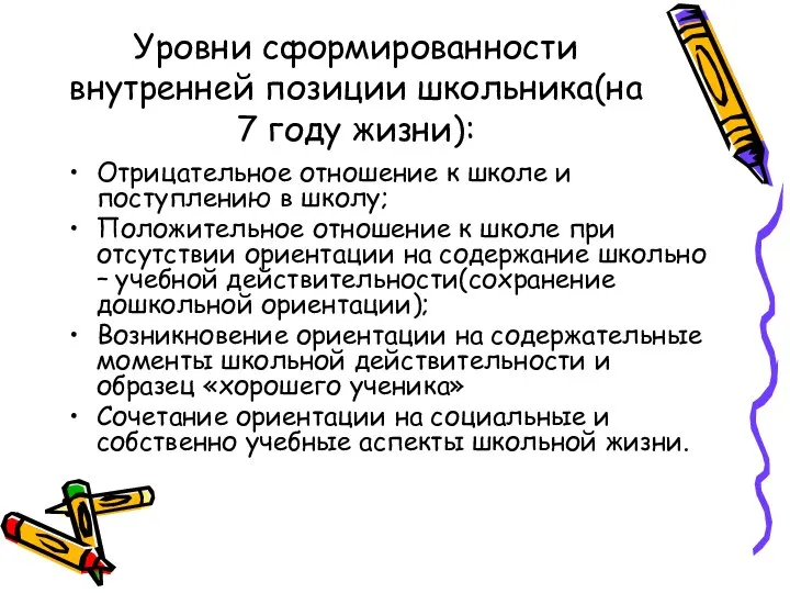 Уровни сформированности внутренней позиции школьника(на 7 году жизни): Отрицательное отношение к