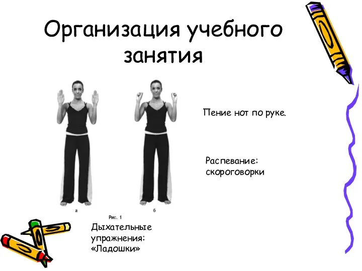 Организация учебного занятия Дыхательные упражнения: «Ладошки» Пение нот по руке. Распевание: скороговорки