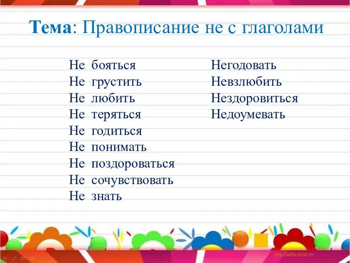 Тема: Правописание не с глаголами Не бояться Не грустить Не любить