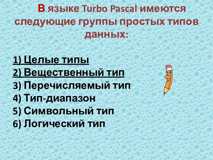 В языке Turbo Pascal имеются следующие группы простых типов данных: 1)