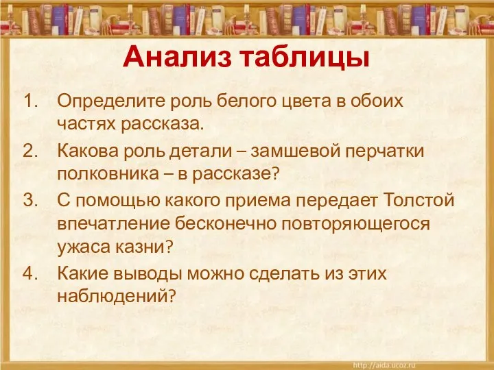 Анализ таблицы Определите роль белого цвета в обоих частях рассказа. Какова