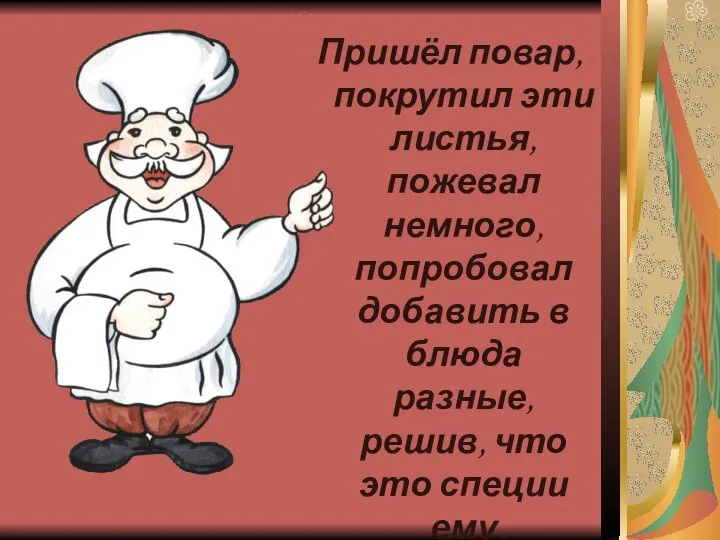 Пришёл повар, покрутил эти листья, пожевал немного, попробовал добавить в блюда