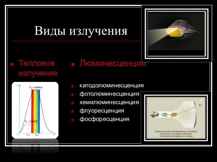 Виды излучения Тепловое излучение Люминесценция катодолюминесценция фотолюминесценция хемилюминесценция флуоресценция фосфоресценция