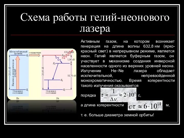 Схема работы гелий-неонового лазера Активным газом, на котором возникает генерация на