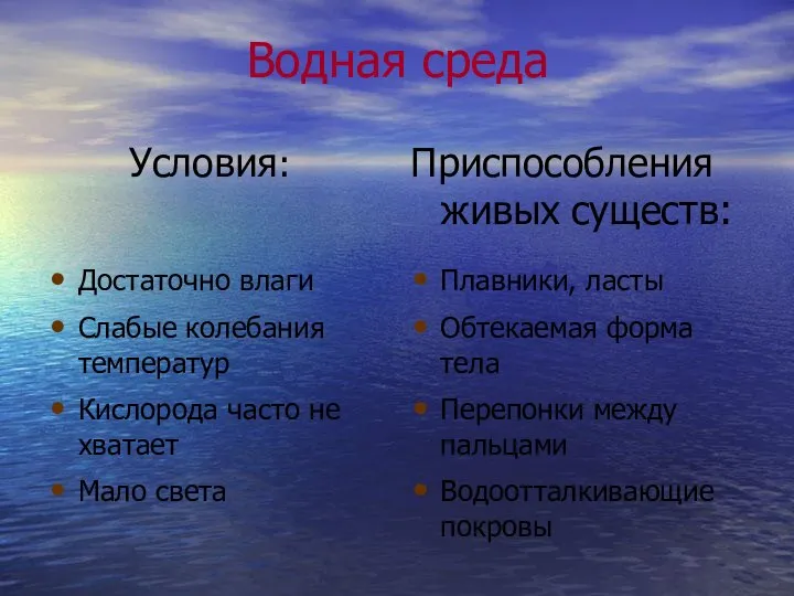 Водная среда Условия: Приспособления живых существ: Достаточно влаги Слабые колебания температур