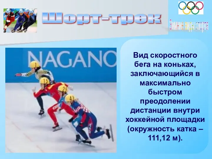 Шорт-трек Зимние виды спорта Вид скоростного бега на коньках, заключающийся в