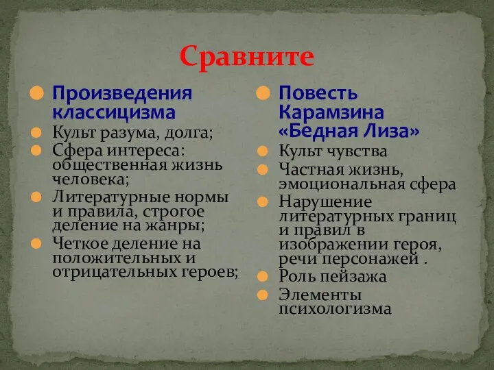 Сравните Произведения классицизма Культ разума, долга; Сфера интереса: общественная жизнь человека;