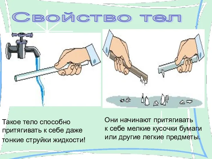 Свойство тел Они начинают притягивать к себе мелкие кусочки бумаги или другие легкие предметы.